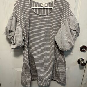 Umgee Gray and White Striped Dress with Puff Sleeves
